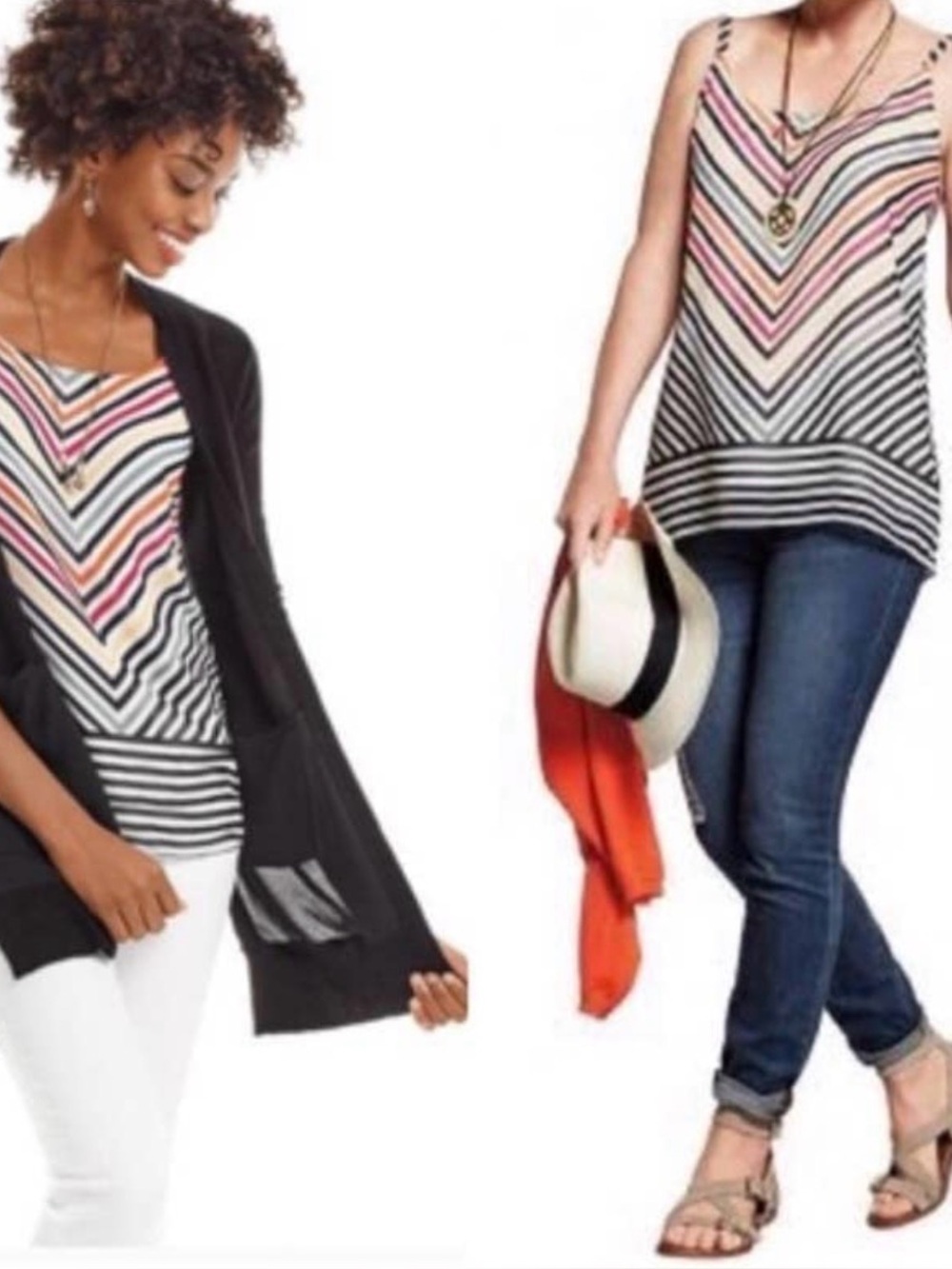 CAbi Chevron Stripe Tank — Black, White, Orange, Pink, Gray adjustable straps M.
